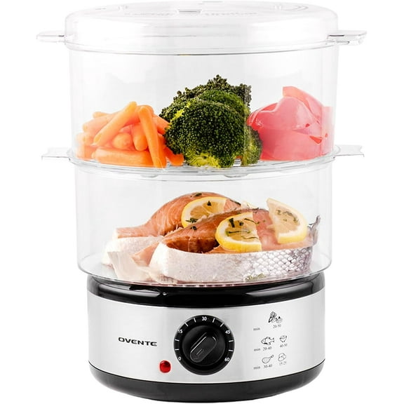 OVENTE 2 Tier Electric Food Steamer for Cooking Vegetables, Stainless Steel Base, Stackable and Dishwasher Safe Baskets, 400W with Auto Shutoff and 60-Minute Timer, 5 Quart Capacity, Silver FS62S