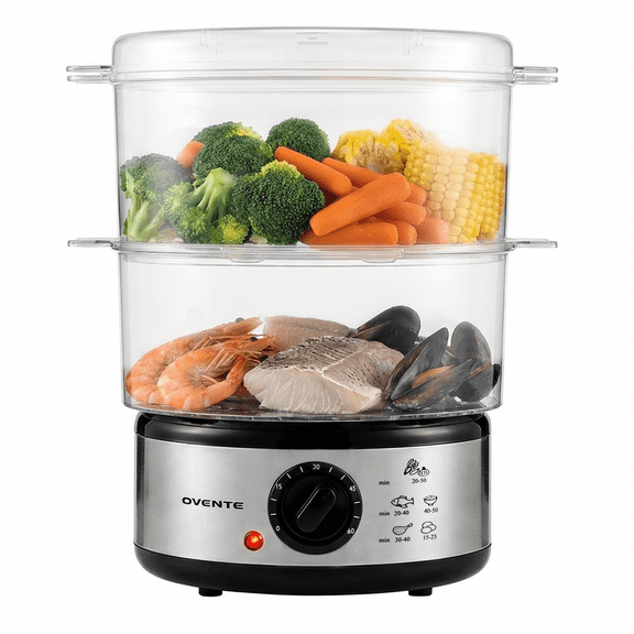 OVENTE 2-Tier Electric Food Steamer, 5 Quart Stainless Steel Stackable Steam Cooker with 400W Power, 60-Minute Timer & Auto Shut-Off, Dishwasher Safe, Healthy Vegetable & Seafood Steamer, Silver FS62