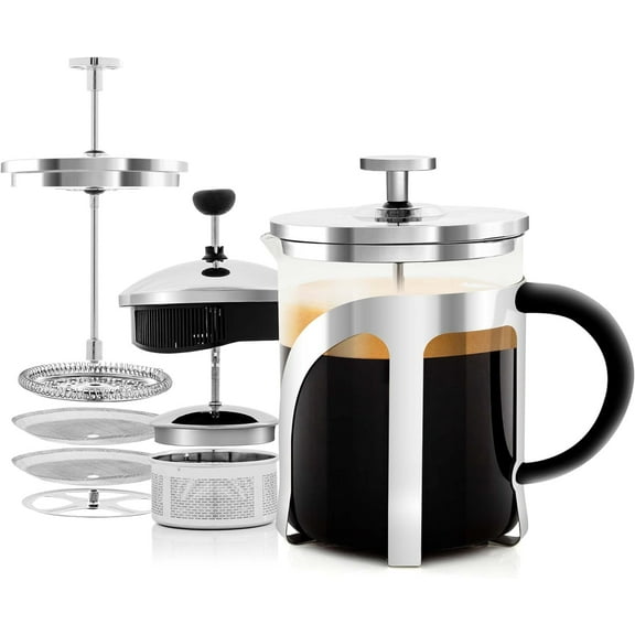 OVENTE 2-in-1 Coffee Press and Tea Maker, High Grade Stainless Steel Infuser, 20 Ounce Teapot, Borosilicate Glass and Silicone Handle with Measuring Scoop, FGC20T