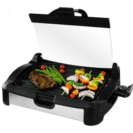 OVENTE 2-in-1 Electric Grill and Griddle with Removable Tempered Glass Cover, 1700W Fast Heating Ceramic Non-Stick Plate Perfect for Indoor BBQ Cooking Breakfast, Pancake, Bacon and Egg, Black GR2001B