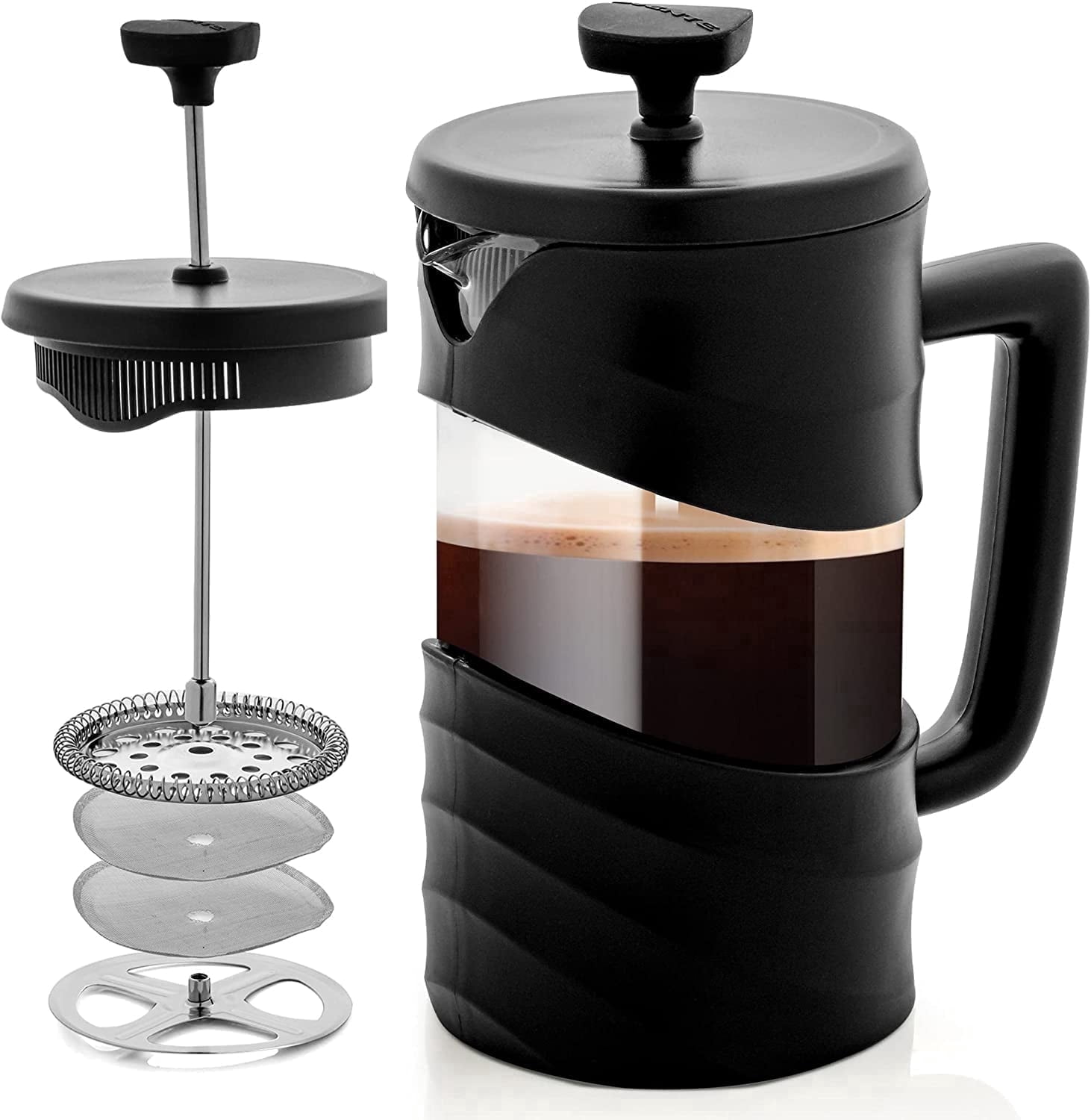 OVENTE French Press Coffee Maker 20 Ounce with Heat Resistant Borosilicate Glass & Stainless Steel 4-Level Filtration System, Portable Cold Brew Coffee Maker for Travel, Camping or Gift, Black FPW20B