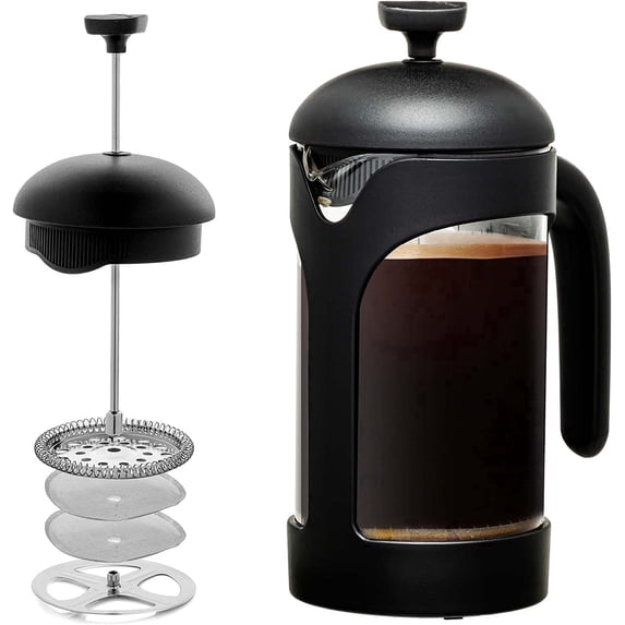 OVENTE French Press Coffee Maker 20 Ounce with Heat Resistant Borosilicate Glass & Stainless Steel 4-Level Filtration System, Portable Cold Brew Coffee Maker for Travel, Camping or Gift, Black FPB20B