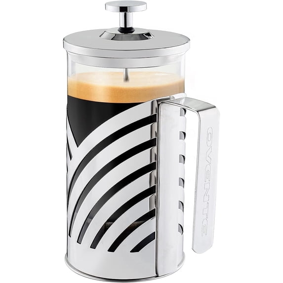 OVENTE French Press Coffee Maker 20 Ounce with Heat Resistant Borosilicate Glass, Stainless Steel Design and 4-Level Filter System, Portable Cold Brewer Pot for Travel, Camping or Gift, Silver FSD20P