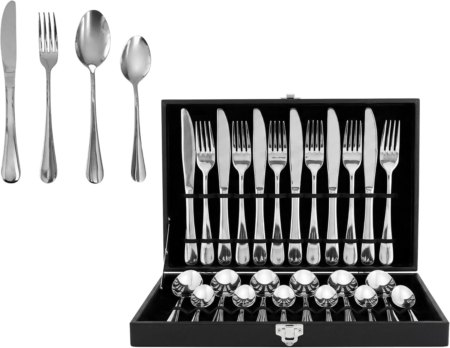 OVENTE 24-Piece Silverware Set Service for 6, Silver FL20241CH | Durable Stainless Steel Flatware Cutlery Utensil with Steak Knives, Forks, Spoons & Teaspoons, Dishwasher Safe