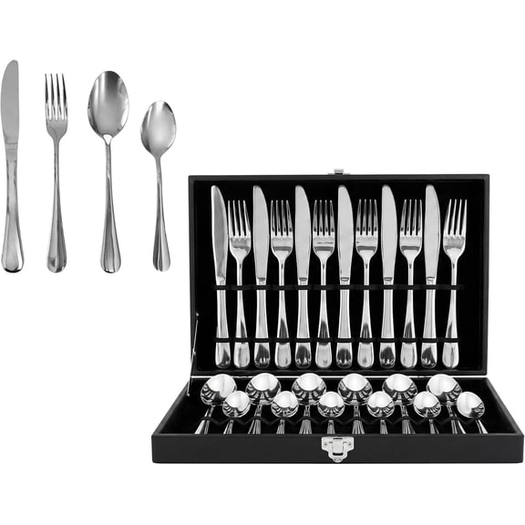OVENTE 24-Piece Silverware Set Service for 6, Durable Stainless Steel Flatware Cutlery Utensil, Premium Tableware and Dishwasher Safe with Steak Dinner Knives, Fork, Spoon & Teaspoon Silver FL20241CH
