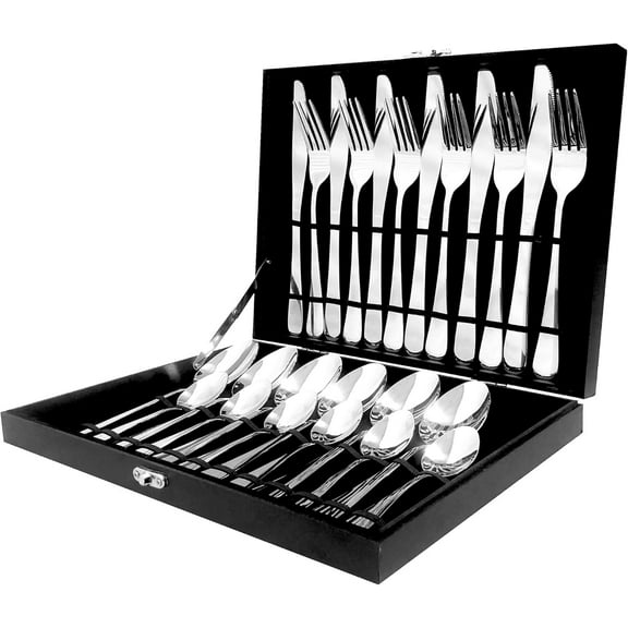 OVENTE 24-Piece Silverware Set Service for 6, Durable Stainless Steel Flatware Cutlery Utensil, Premium Tableware & Dishwasher Safe with Steak Dinner Knives, Fork, Spoon & Teaspoon, Silver FL20241CH