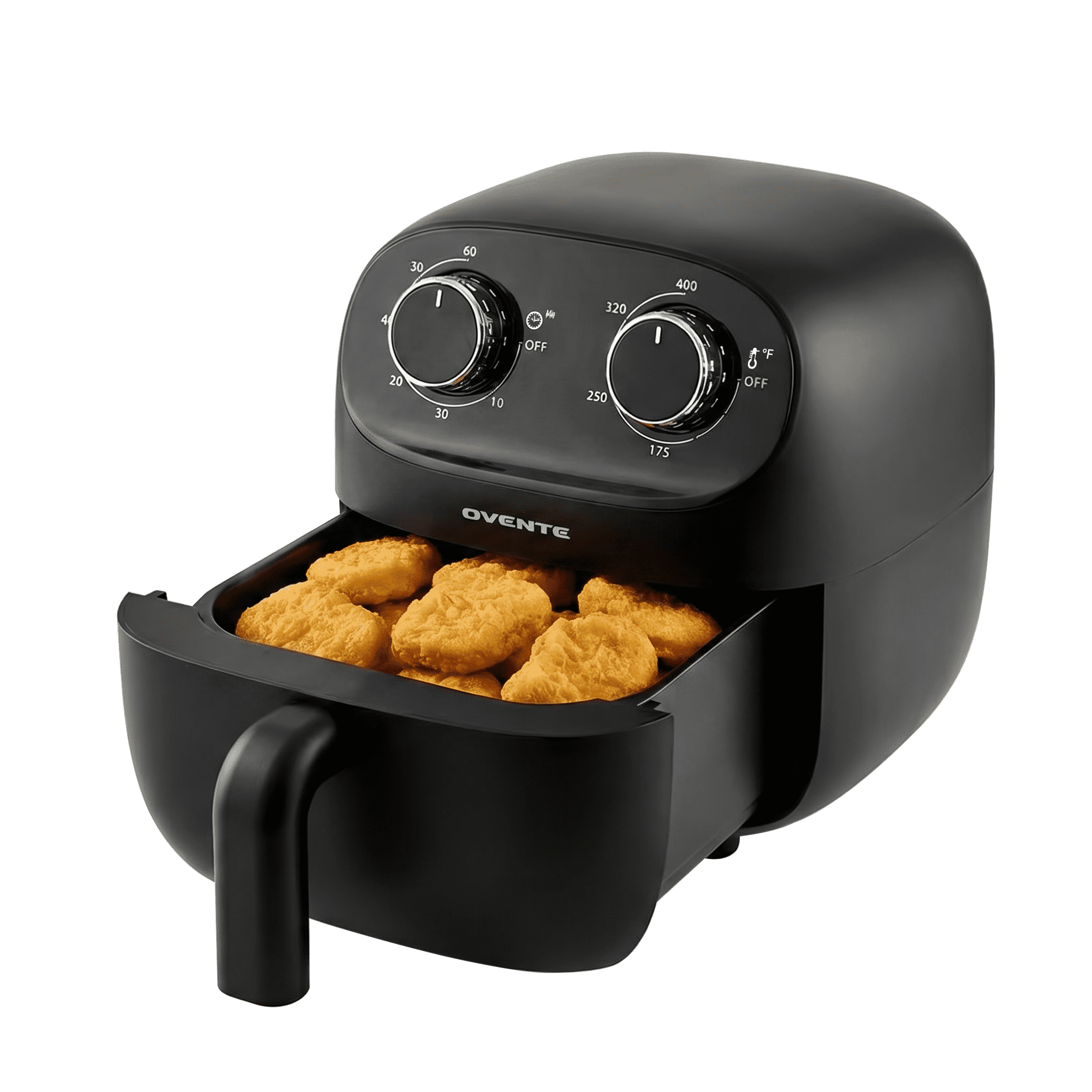 OVENTE 2QT Compact Air Fryer for 1–2 People, 900W Small Oil-Free Fryer with Manual Dual Knobs, Adjustable Temperature, 60 Minute Timer, Auto Shutoff & Dishwasher Safe Nonstick Basket, Black FAM18900B