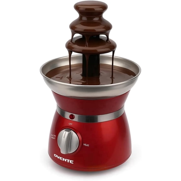 OVENTE 3 Tier Chocolate Fondue Fountain Machine, 6 x 6 x 9.4, Red CFS73R | Stainless Steel Electric Mini Choco Warmer, Melts Cheese, Liqueurs, Dip Strawberries, Apple Wedges, Candy and More