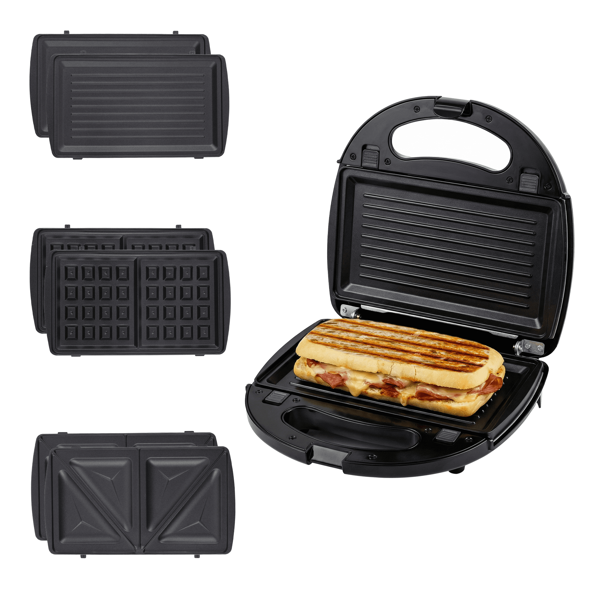 OVENTE 3 in 1 Electric Sandwich Maker, 750W Non-Stick Plates, Black GPI302B | Panini Press Grill and Waffle Iron Removable Set , Perfect for Grilled Cheese, Tuna Melts, Burgers, Steaks and Snacks