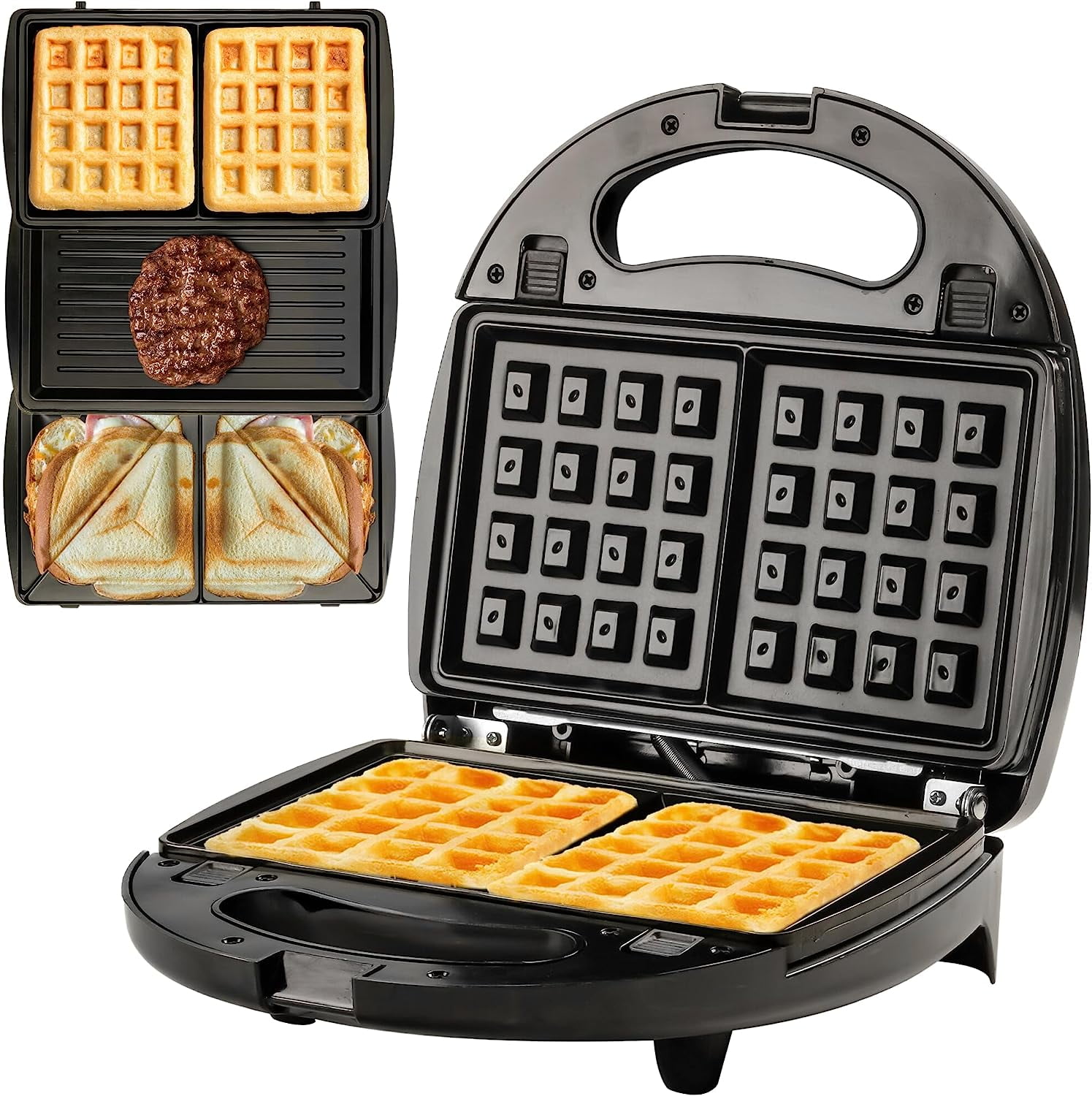 OVENTE 3 in 1 Electric Sandwich Maker, Panini Press Grill and Waffle Iron Set with Removable Non-Stick Plates, Perfect for Cooking Grilled Cheese, Tuna Melts, Burgers, Steaks and Snacks, Black GPI302