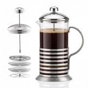 OVENTE French Press Coffee Maker 34 Ounce with Heat Resistant Borosilicate Glass, Stainless Steel Design and 4-Level Filter System, Portable Cold Brewer Pot for Travel, Camping or Gift, Silver FSH34S