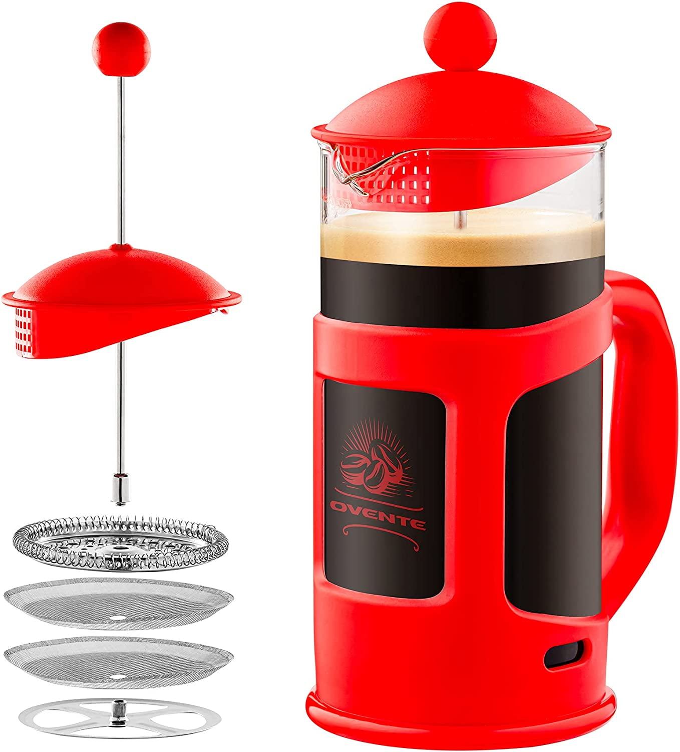 Red 34 Oz Glass and Stainless Steel French Press Coffee Maker