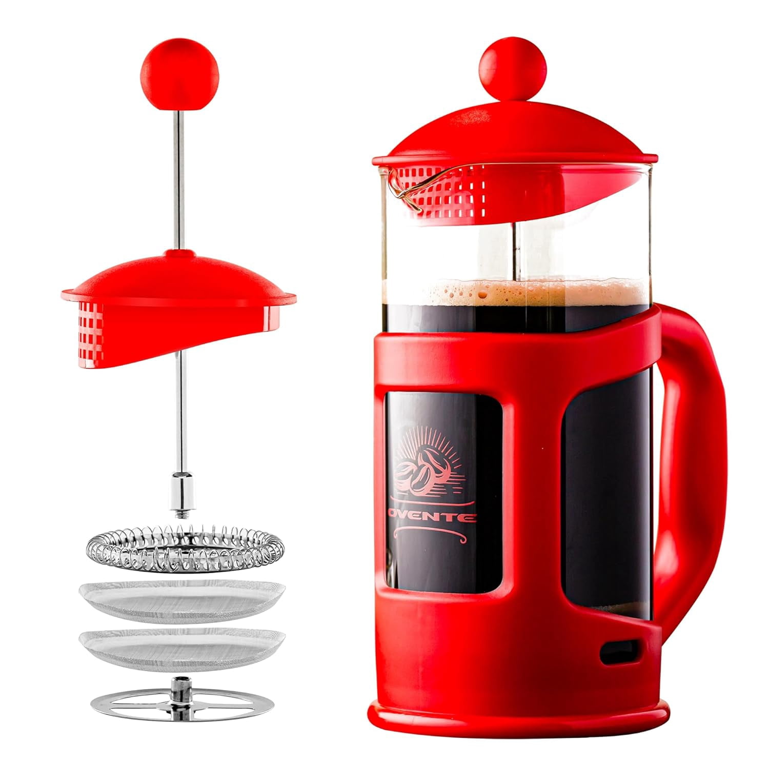 OVENTE French Press Coffee Maker 34 Ounce with Heat Resistant Borosilicate Glass & Stainless Steel 4-Level Filtration System, Portable Cold Brew Coffee Maker for Travel, Camping or Gift, Red FPT34R