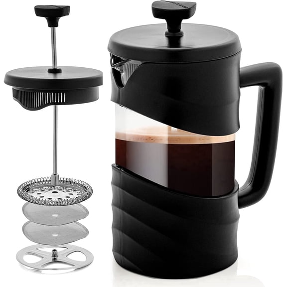 OVENTE French Press Coffee Maker 34 Ounce with Heat Resistant Borosilicate Glass & Stainless Steel 4-Level Filtration System, Portable Cold Brew Coffee Maker for Travel, Camping or Gift, Black FPW34B