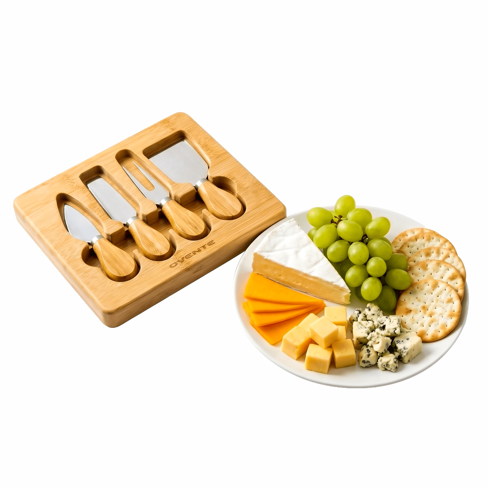 OVENTE 4-Piece Cheese Knife Set with Bamboo Handle, Brown KCS5974B | Complete Stainless Steel Charcuterie Knives w/ Wooden Case, Ideal Fromage Slicer, Spread & Butter Cutter for Party & Gift