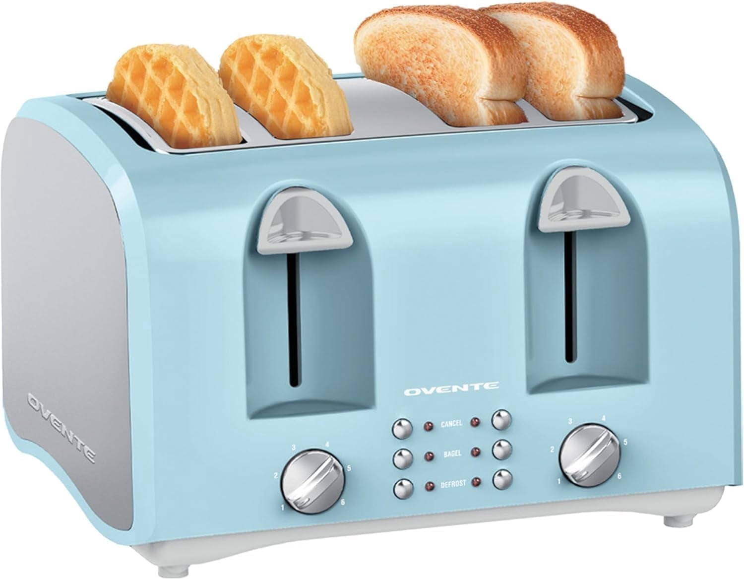 OVENTE Electric 4-Slice Toaster Machine with 6-Shade Selector Setting, Cancel Button, Defrost Function, Crumb Tray, 1400W Power and Wide Slots for Bagels, Waffles and Puff Pastry Light Blue TS4410LBL