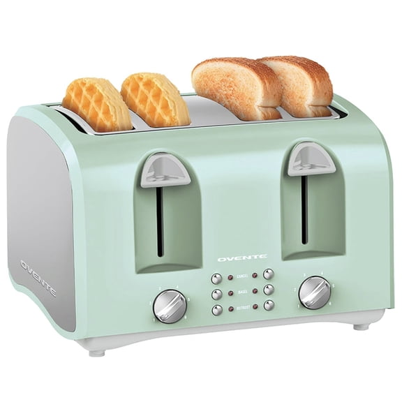 OVENTE Electric 4-Slice Toaster Machine with 6-Shade Selector Setting, Cancel Button, Defrost Function, Crumb Tray, 1400W Power and Wide Slots for Bagels, Waffles and Puff Pastry Light Blue TS4410LBL