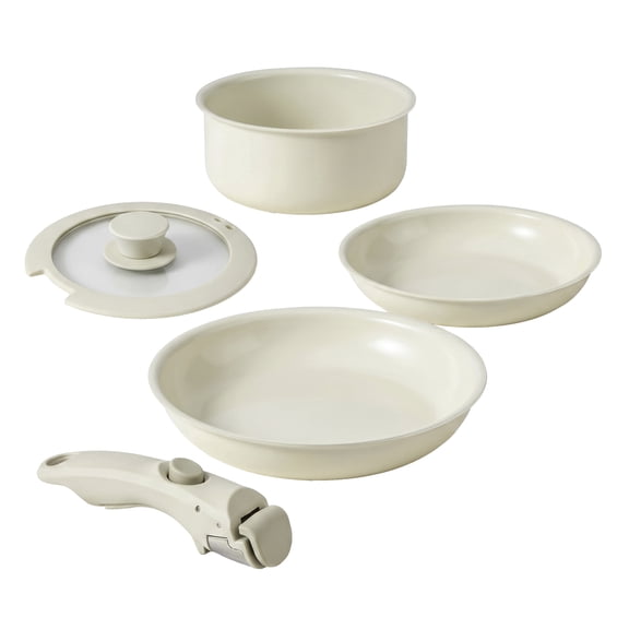 OVENTE 5-Piece Ceramic Cookware Set, Cream CWAD01005C | Detachable Handle, Non-Toxic & Nonstick Kitchen Pots & Pans with Lid for Home or RV, Stackable & Dishwasher Safe