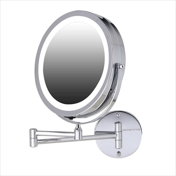 OVENTE Wall Mounted Lighted Makeup Mirror, 7" Double Sided 1X/7X Magnifying Vanity Mirror for Bathroom with LED Lights, Cordless, 360° Rotation and 13" Extendable Arm, Polished Chrome MFW70CH1X7X