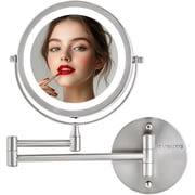 OVENTE Wall Mounted Lighted Makeup Mirror, 7 Double Sided 1X/10X Magnifying Vanity Mirror for Bathroom with LED Lights, Cordless, 360  Rotation and 13 Extendable Arm, Nickel Brushed MFW70BR1X10X