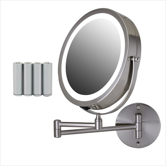 OVENTE Wall Mounted Lighted Makeup Mirror, 7" Double Sided 1X/7X Magnifying Vanity Mirror for Bathroom with LED Lights, Cordless, 360° Rotation and 13" Extendable Arm, Nickel Brushed MFW70BR1X7X