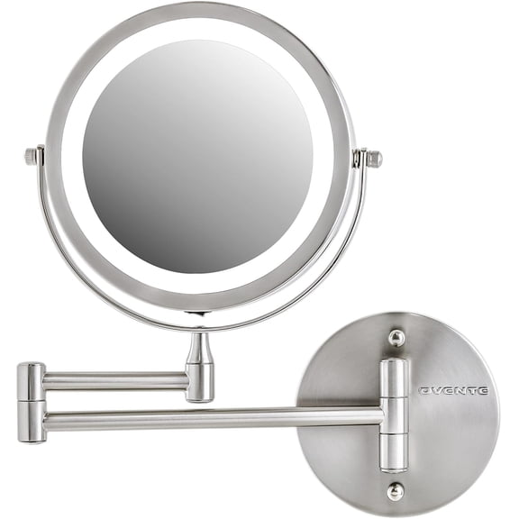 OVENTE Wall Mounted Lighted Makeup Mirror, 7" Double Sided 1X/7X Magnifying Vanity Mirror for Bathroom with LED Lights, Cordless, 360° Rotation and 13" Extendable Arm, Nickel Brushed MFW70BR1X7X