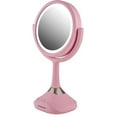thumbnail image 1 of OVENTE 6'' Lighted Round Vanity Mirror, Table Top, 360 Degree Spinning, 1X 5X Magnifier, MP3 Audio, Baby Pink MRT06P1X5X, 1 of 11