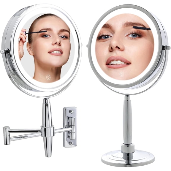 OVENTE 7'' Lighted Makeup Mirror with 1X/8X Magnification, Cordless Multi-Functional Round Vanity Mirror with 360 Swivel Design, Double Sided and Three Toned LED Lights, Polished Chrome MFM70CH1X8X