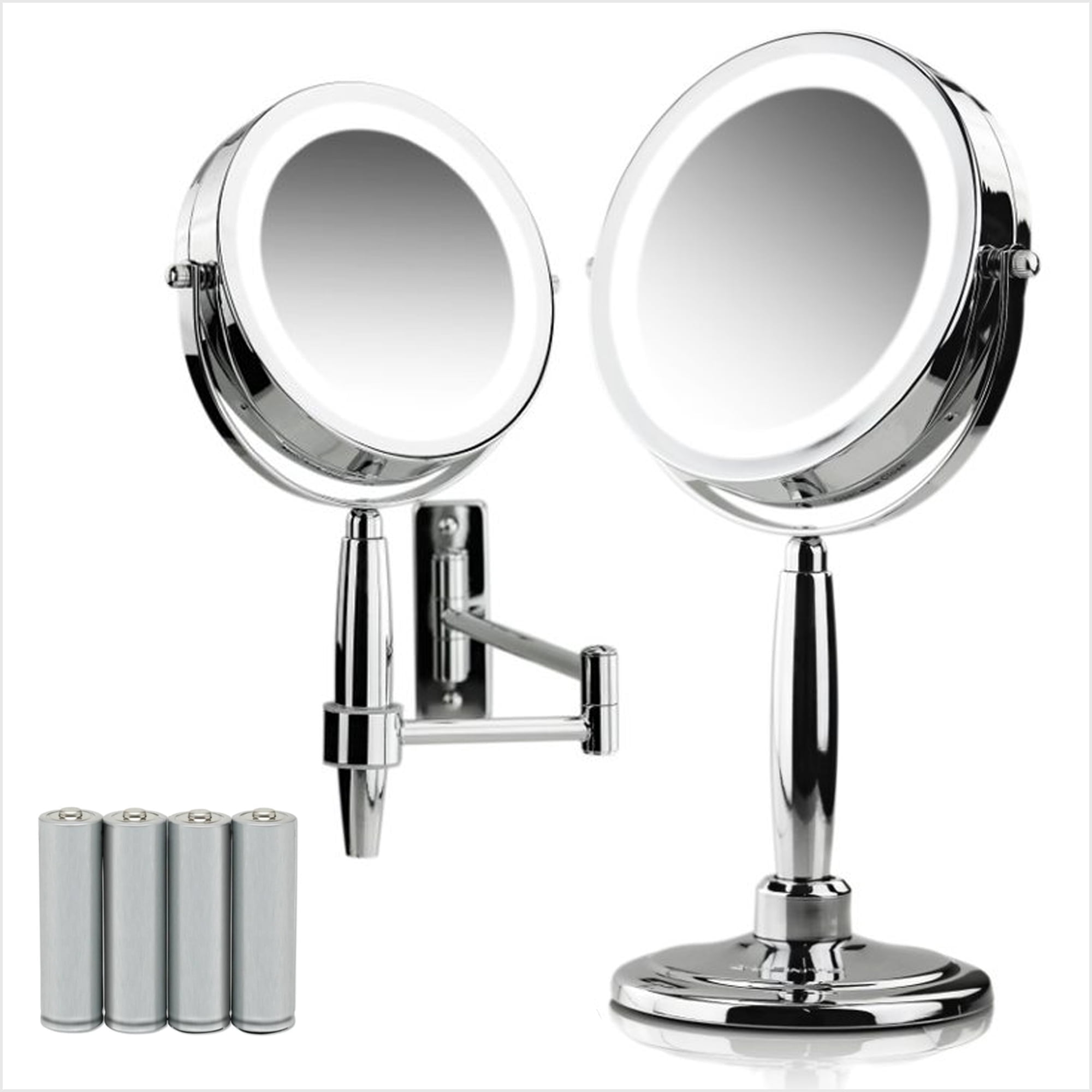 OVENTE 7'' Lighted Makeup Mirror with 1X/8X Magnification, Cordless Multi-Functional Round Vanity Mirror with 360° Swivel Design, Double Sided and Three Toned LED Lights, Polished Chrome MFM70CH1X8X