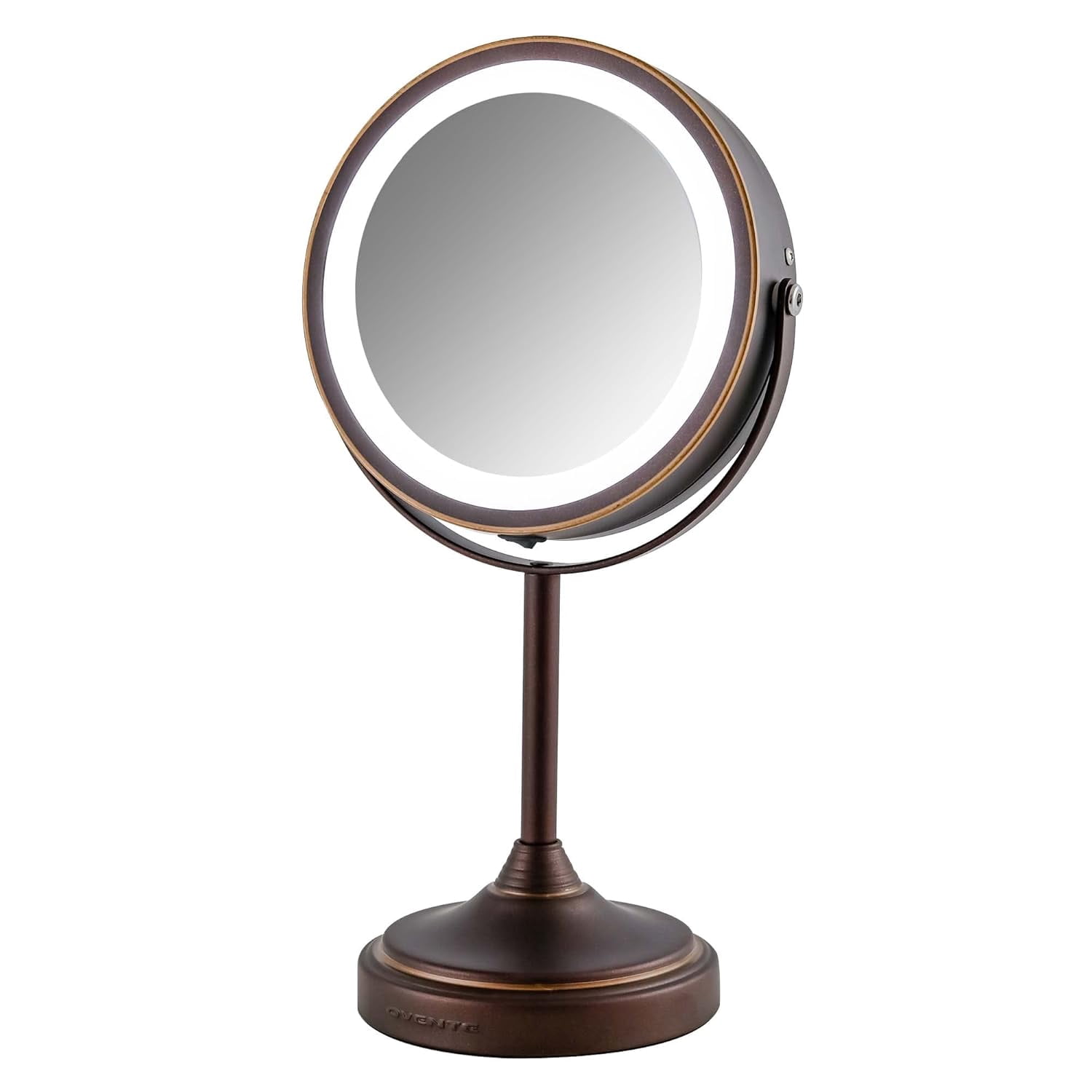 OVENTE 7" Rechargeable Lighted Tabletop Makeup Mirror with 1X/7X Magnification, Double Sided Magnifying Vanity Mirror, 360° Swivel Design, LED White Light and USB Plug, Antique Bronze MCTR70ABZ1X7X