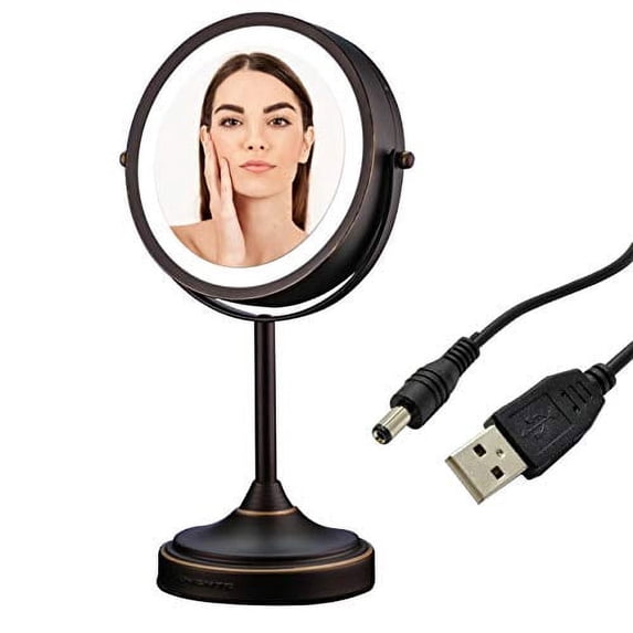 OVENTE 7" Rechargeable Lighted Tabletop Makeup Mirror with 1X/7X Magnification, Double Sided Magnifying Vanity Mirror, 360° Swivel Design, LED White Light and USB Plug, Antique Bronze MCTR70ABZ1X7X