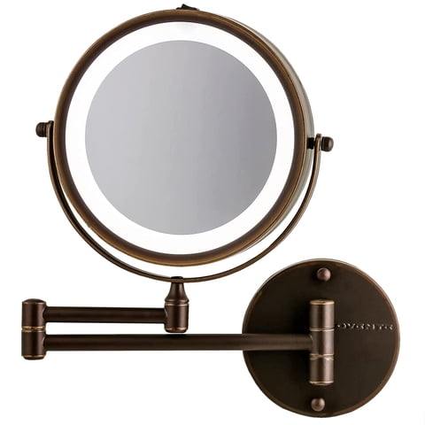 OVENTE Wall Mounted Lighted Makeup Mirror, 7" Double Sided 1X/7X Magnifying Vanity Mirror for Bathroom with LED Lights, Cordless, 360° Rotation and 13" Extendable Arm, Antique Bronze MFW70ABZ1X7X