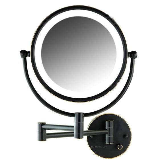 OVENTE 8.5'' Hardwired Lighted Wall Mount Makeup Mirror - Oil Rubbed Bronze Finish, Dual Magnification (1X & 7X), Dimmer Switch, and Retractable Arm  MPWD3185BZ1X7X