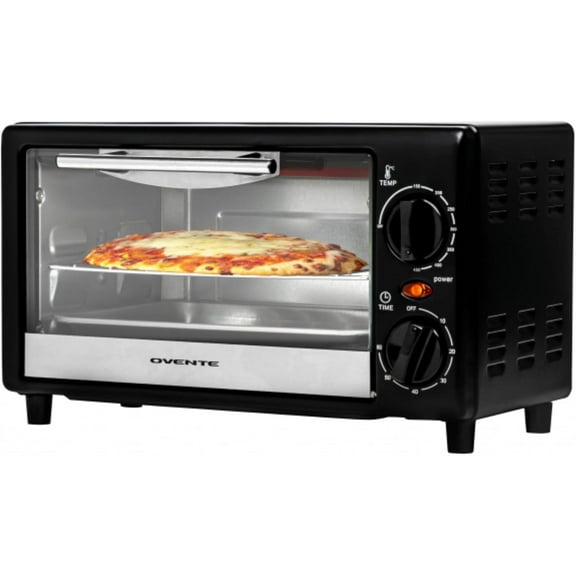 OVENTE 8L Toaster Oven750W mini oven with adjustable temp, 60-min timer & easy-clean baking pan. Perfect for pizza, toast, muffins & broil. Sleek black TO2808B