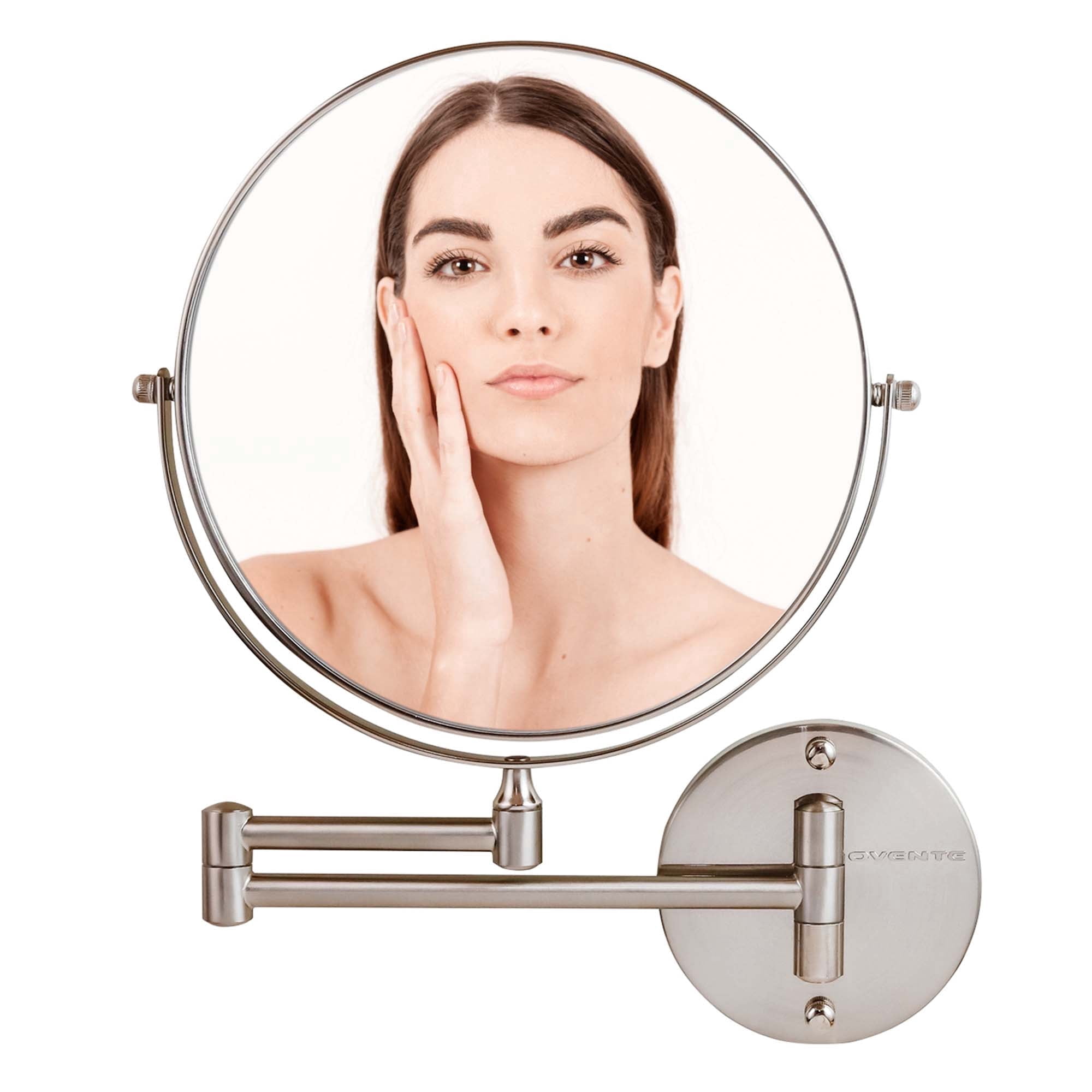 OVENTE 9" Wall Mounted Makeup Mirror with 1X/7X Magnification, Double Sided Magnifying Round Bathroom Vanity Mirror, 360° Swivel Design, Extendable and Folding Arm, Nickel Brushed MNLFW90BR1X7X
