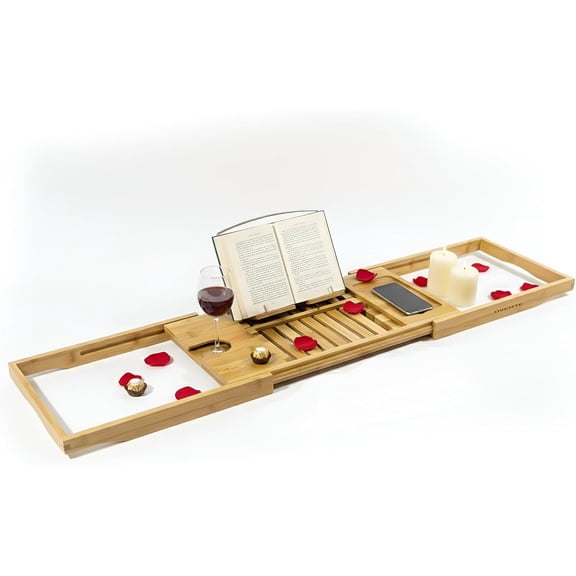 OVENTE Bathtub Tray Caddy, Expandable Bamboo Bath Tray Table, Wooden Tub Board with Books, Tablets, Phone and Wine Glass Holder, Bathroom Accessories and Home Spa Essentials, Wood BTC20228