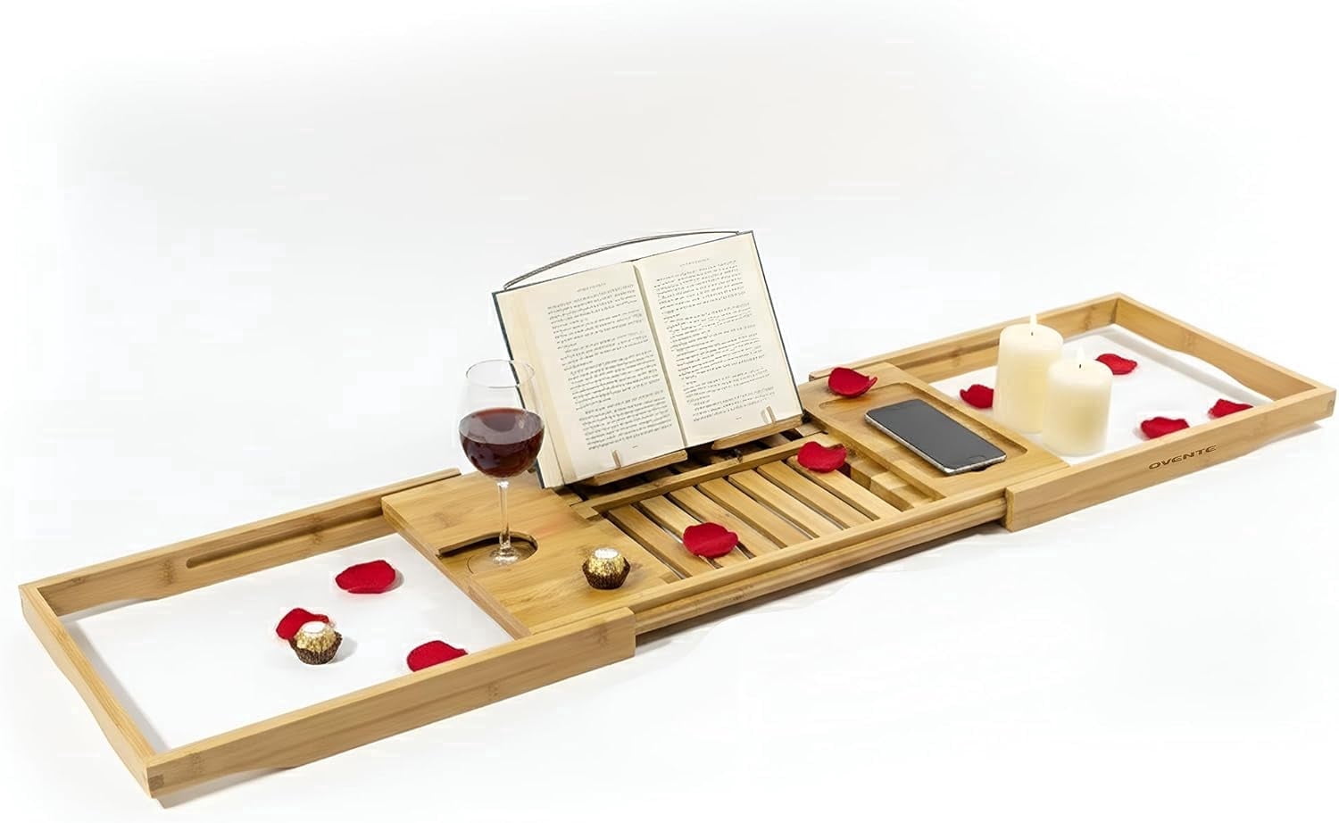 OVENTE Bathtub Tray Caddy, Expandable Bamboo Bath Tray Table, Wooden Tub Board with Books, Tablets, Phone and Wine Glass Holder, Bathroom Accessories and Home Spa Essentials, Wood BTC20228