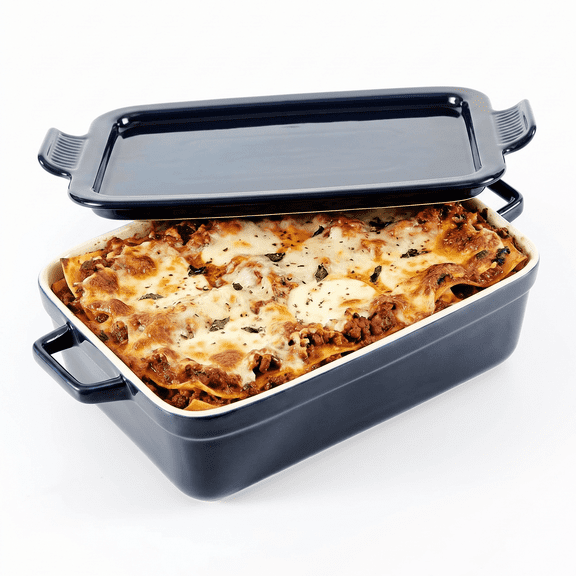 OVENTE Ceramic Baking Dish with Lid, 3 Quart Rectangular Stoneware Casserole Dish for Baking and Serving, Lasagna Pan Deep with Handles, Oven & Dishwasher Safe Bakeware, Ideal Home Gift, Blue BP13BL