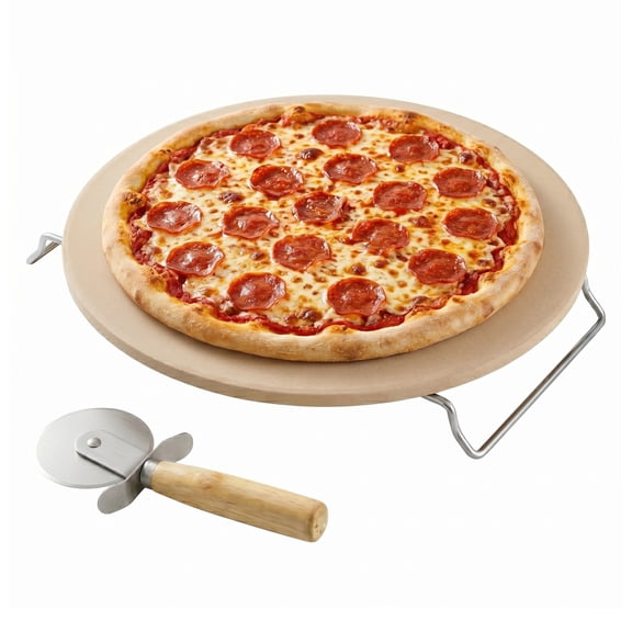 OVENTE Ceramic Flat 13 inch Pizza Stone Set with Crust Cutter Wheel & Metal Rack/Handle, Thermal Shock Resistance, Beige BW10132