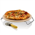 thumbnail image 1 of OVENTE Ceramic Flat 13 inch Pizza Stone Set with Crust Cutter Wheel & Metal Rack/Handle, Thermal Shock Resistance, Beige BW10132, 1 of 9