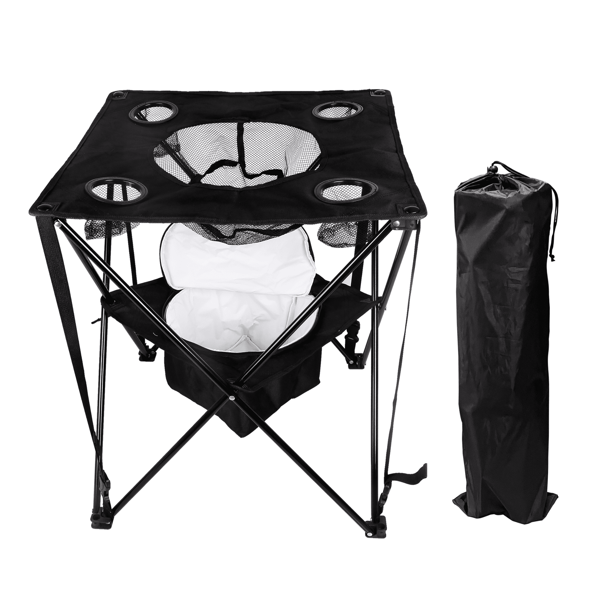 OVENTE Collapsible Folding Camping Table, Insulated Cooler, Black POTC0014B | With 4 Cup Holders, Food Basket, & Travel Bag, Portable Tailgating Table for Fishing, Outdoor Barbecue, or Beach Parties