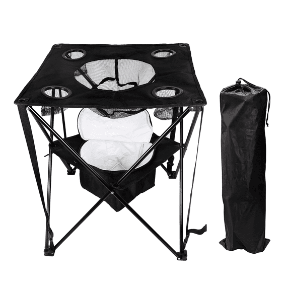 OVENTE Collapsible Folding Camping Table, Insulated Cooler, Black POTC0014B | With 4 Cup Holders, Food Basket, & Travel Bag, Portable Tailgating Table for Fishing, Outdoor Barbecue, or Beach Parties