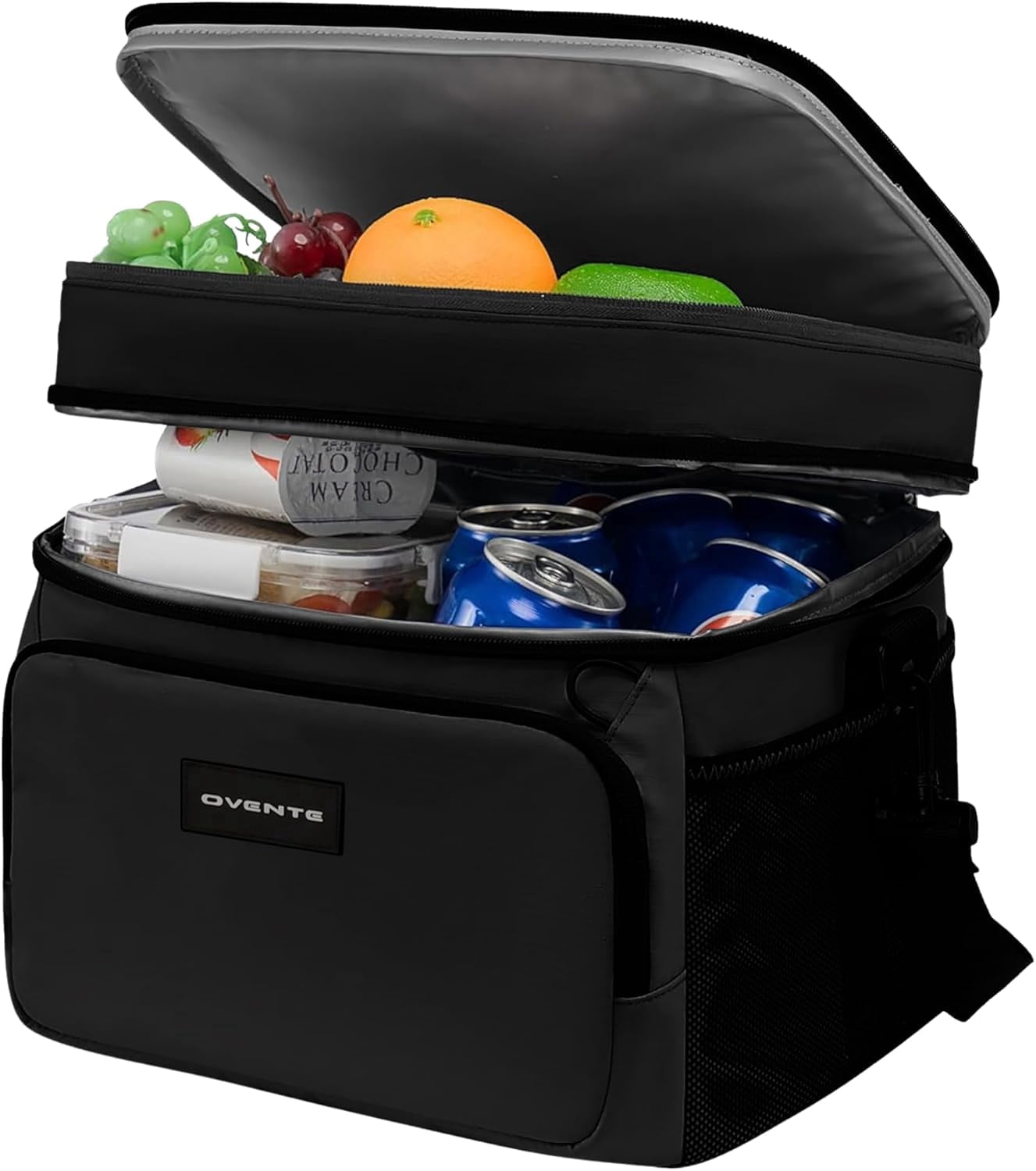 OVENTE Collapsible Soft Cooler Bag, Insulated Lunch Bag with Double-Deck Leakproof Compartments, Waterproof Exterior, Portable for Work, Travel, Beach, Camping and Road Trips, Black CCBI024B