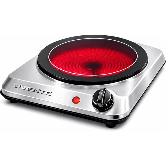 OVENTE Countertop Infrared Single Burner, 1000W Electric Hot Plate with 7” Ceramic Glass Cooktop, 5 Level Temperature Setting & Easy to Clean Base, Compact Stove for Home Dorm Office, Silver BGI101S