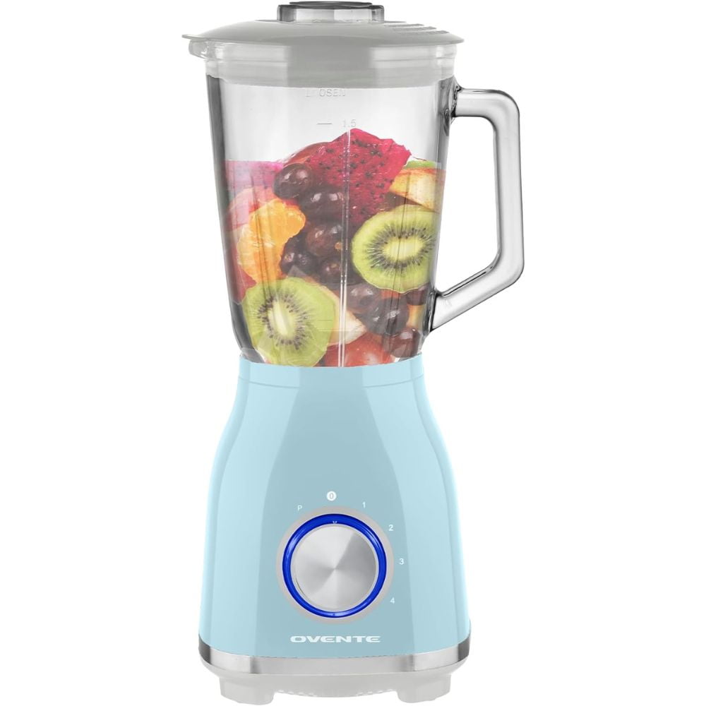 OVENTE Countertop Kitchen Blender with 550 Watts, Stainless Steel Blades, 4 Speed Settings, 50oz Glass Jar for Shakes, Smoothies, Purees, Crushed Ice, Frozen Drinks, Sauces, & More, Blue BLH2604LBL