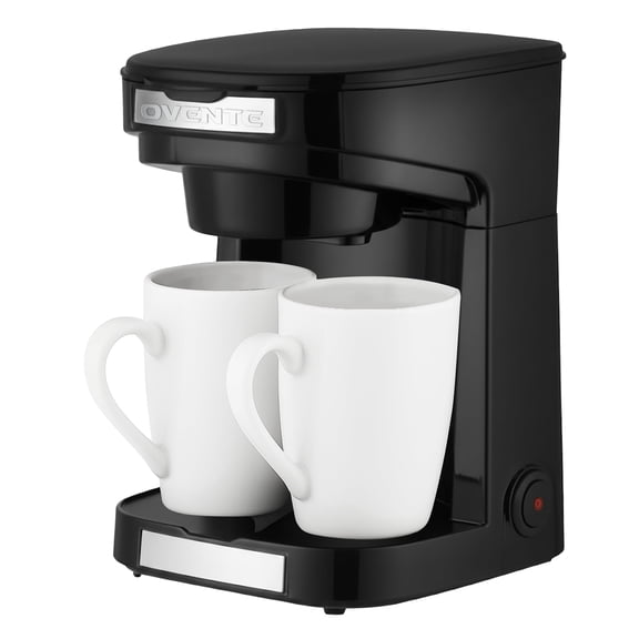 OVENTE Double Drip Coffee Maker with 2 Ceramic Mugs and Auto Shut Off, Small Dual Drip Coffee Maker Machine Works with Ground Coffee Only, Compact Kitchen or Office Essential, Black CMDD2MB Y101