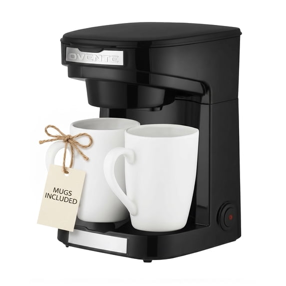 OVENTE Dual Drip Coffee Maker with Easy On/Off Switch, Black CMDD2MB | Compact Brewer Machine for Ground Beans, Auto Shut-Off, Includes Two White Glass Mugs, Removable and Reusable Filter Basket