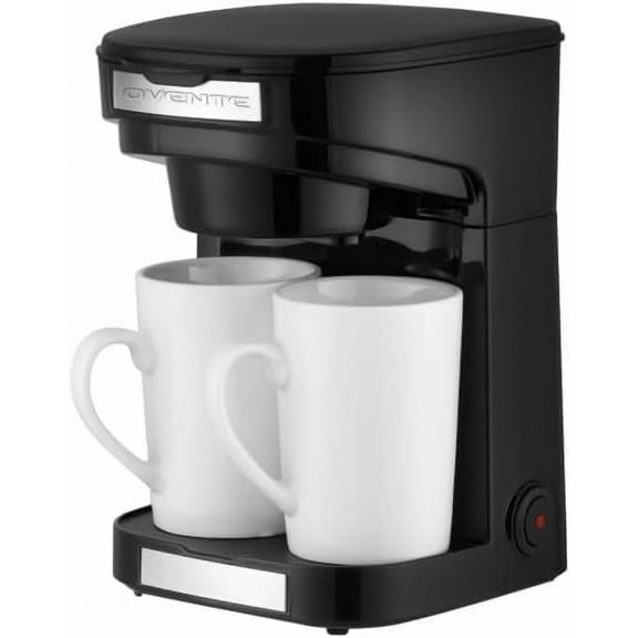OVENTE Double Drip Coffee Maker with 2 Ceramic Mugs and Auto Shut Off, Small Dual Drip Coffee Maker Machine Works with Ground Coffee Only, Compact Kitchen or Office Essential, Black CMDD2MB