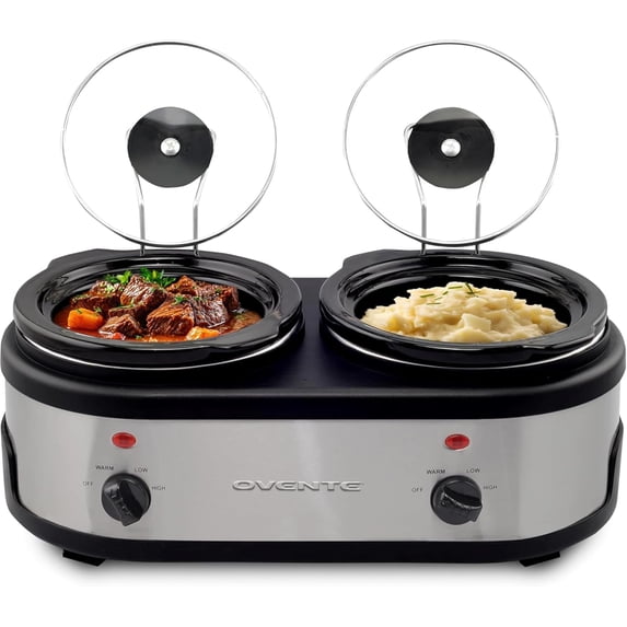 OVENTE Double Slow Cooker, Buffet Server and Warmer with Two 1.5Qt Removable Ceramic Pot, Adjustable Temperature Control and Tempered Glass Lid for Parties, Gatherings and Holidays, Silver SLO215BR