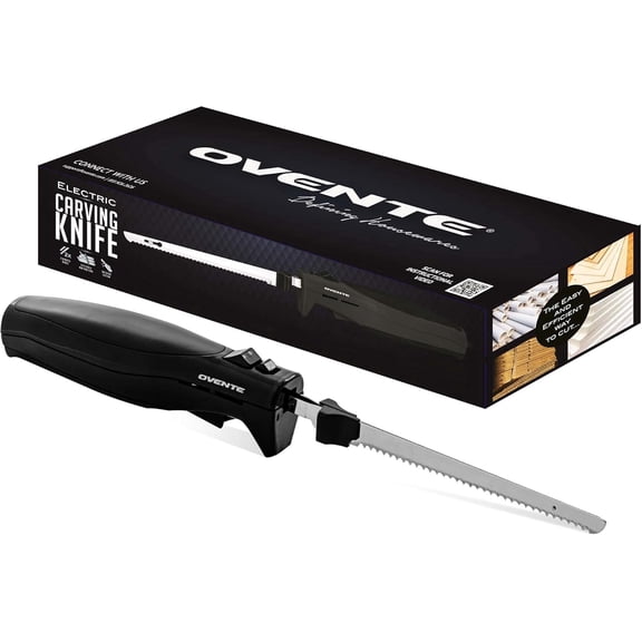 OVENTE Electric Carving Knife with Stainless Steel Blade, Safe Eject Button, Lightweight & Ergonomic Handle for Thanksgiving, Slicing Meat, Bread, Poultry, Cheese, Ideal Christmas Gift, Black EK4510B